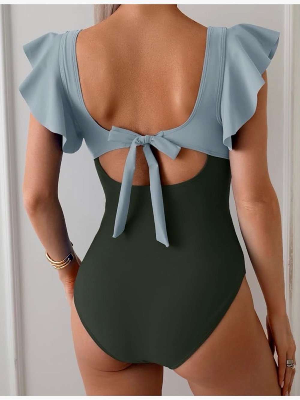 B2prity One Piece Swimsuit Ruffle Cut Out Cut Out Green Brown Colorblock XL NWT - Picture 4 of 7